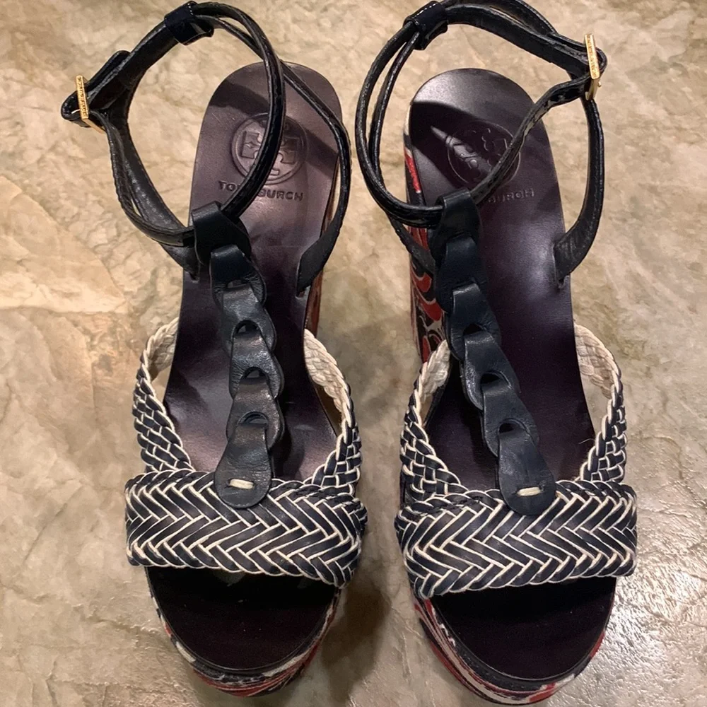 Tory Burch wedge sandals- navy and red design- 7.5